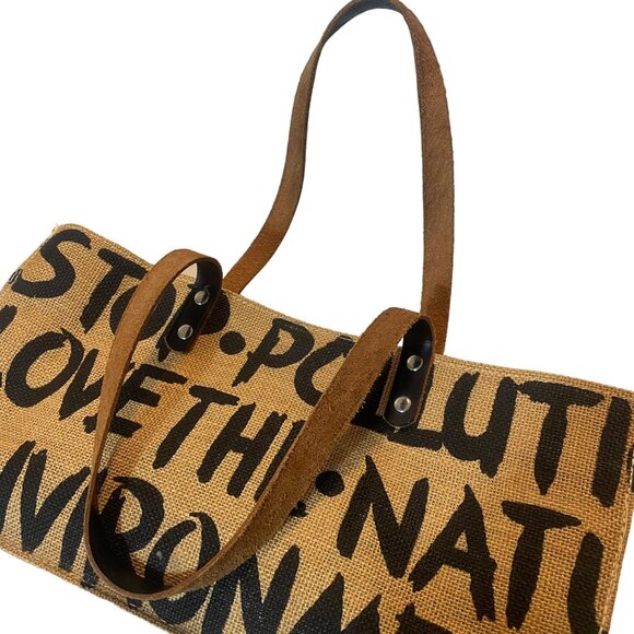 Eco-Friendly Jute Tote Bag With Leather Handles Brown environmental theme Small - Picture 5 of 8